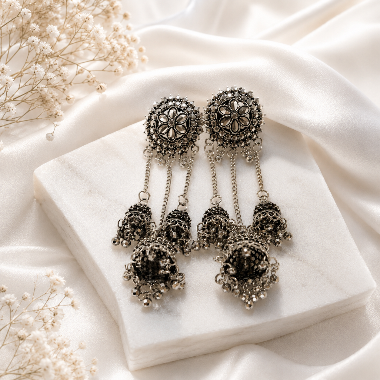 Bindi Ghar Silver Oxidised Kashmiri Earrings for Women | Traditional Ethnic Statement Earrings