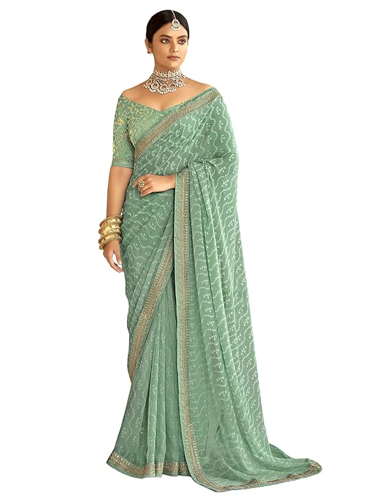 Women's Bandhani Printed Embroidery Georgette Saree with Unstitched Blouse Piece