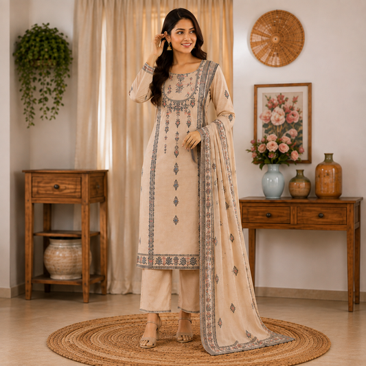 Women’s Beige Printed Kurta Set with Blue Floral Detailing & Dupatta | FASHINO WORLD