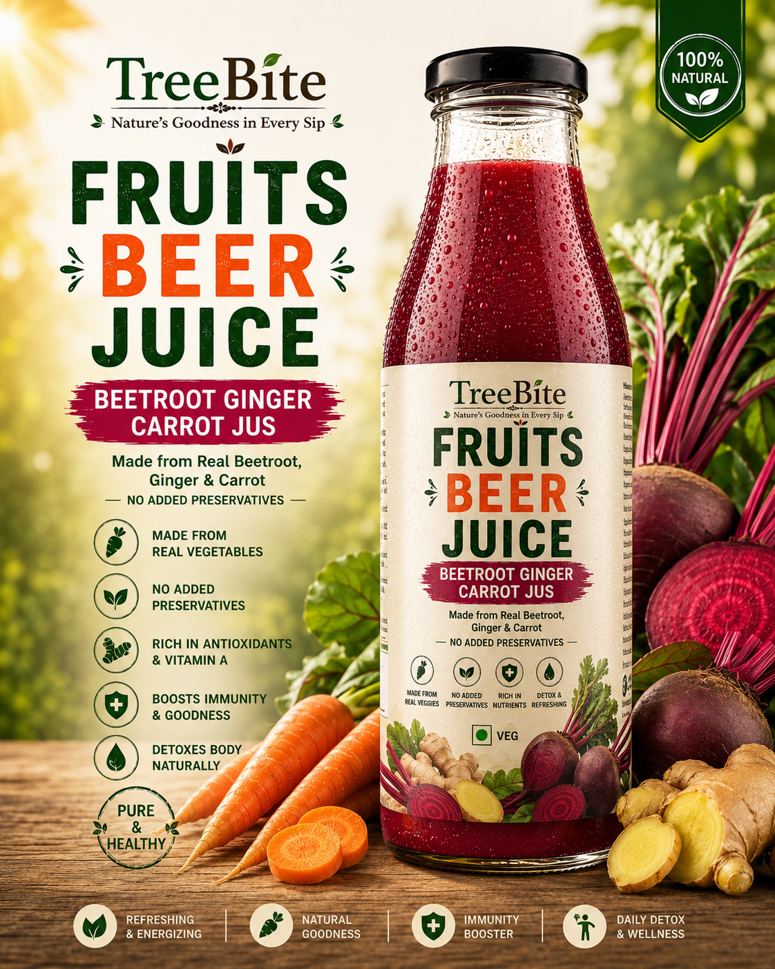 TreeBites Carrot Beetroot Ginger Lemon Cold-Pressed Healthy Juice – 100 ml