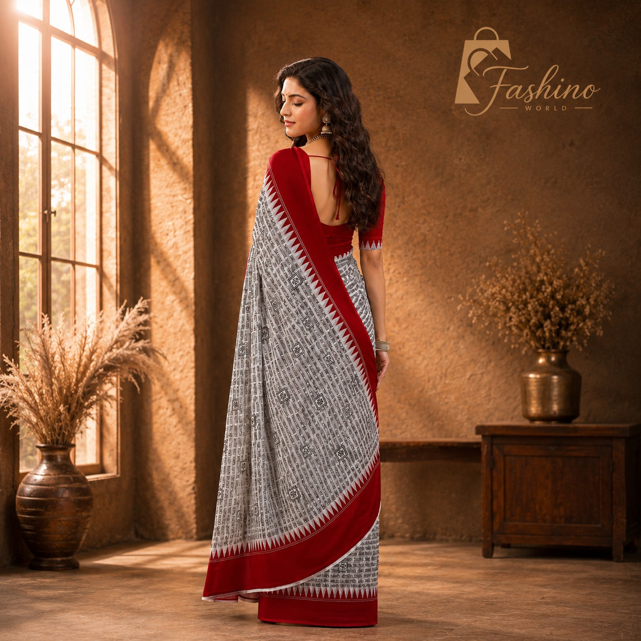 Bindi Women's Dark Red Script Printed Chiffon Saree with Elegant Red Border | Lightweight Ethnic Wear
