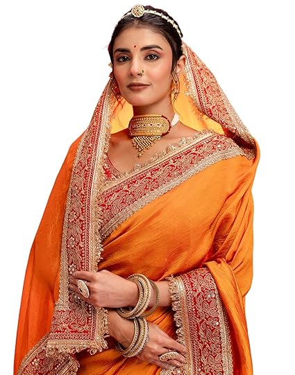 Women's Vichitra Silk Sequins Embroidery Lace Saree With Unstitched Blouse Piece