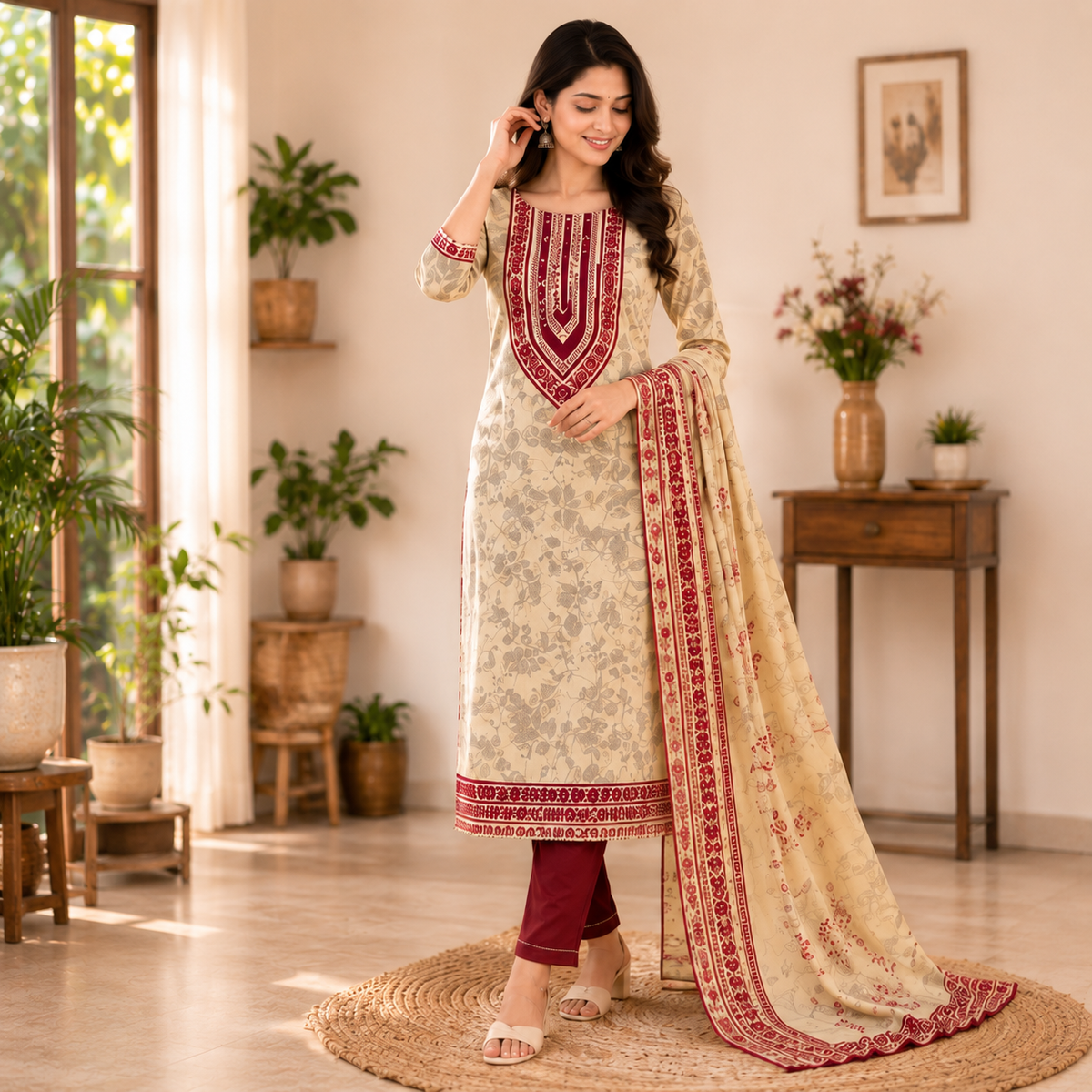 Bindi Women's Cream Floral Printed Kurti Set with Maroon Pants & Dupatta | FASHINO WORLD