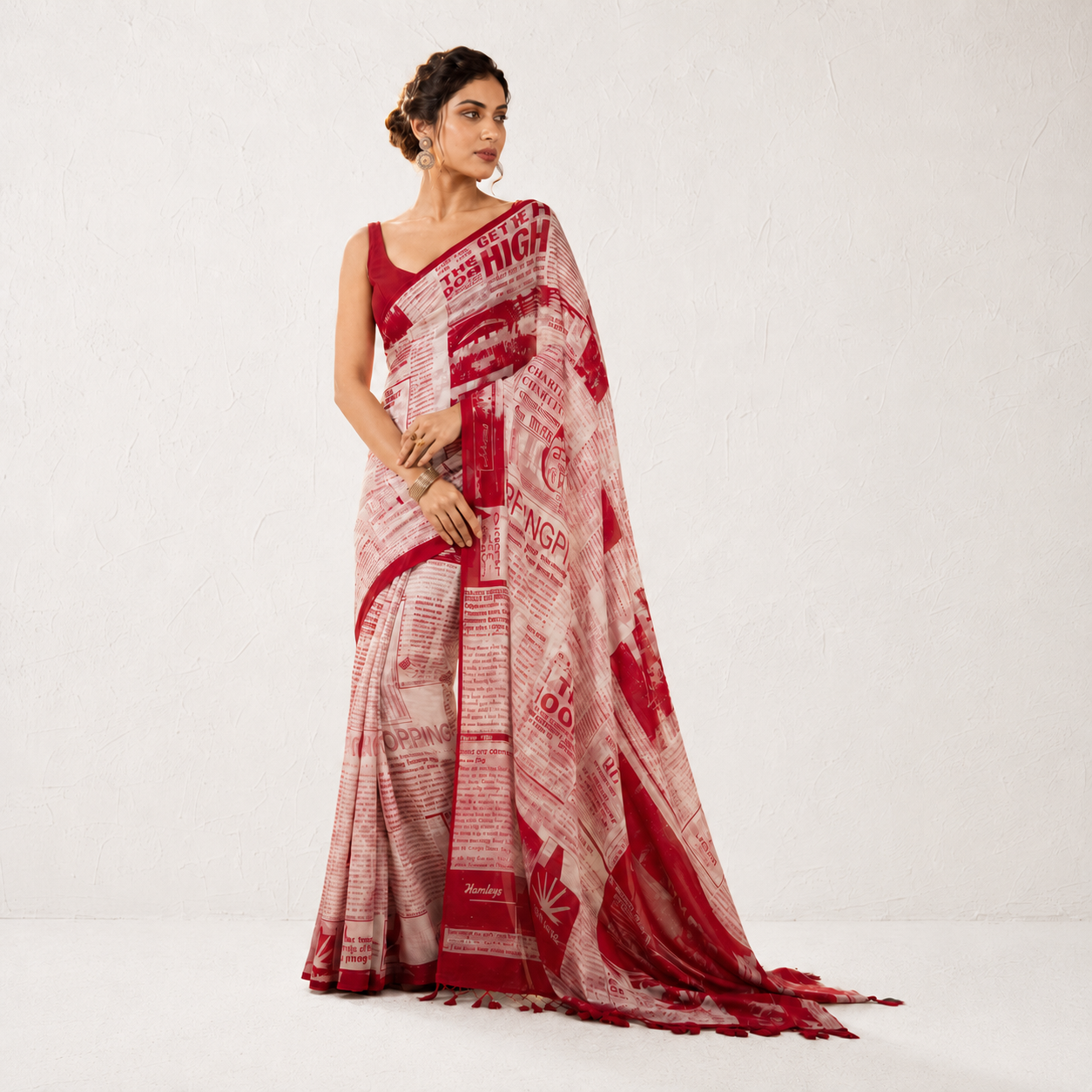 A woman models a red and white newspaper print saree with a matching red blouse against a textured off-white studio background.