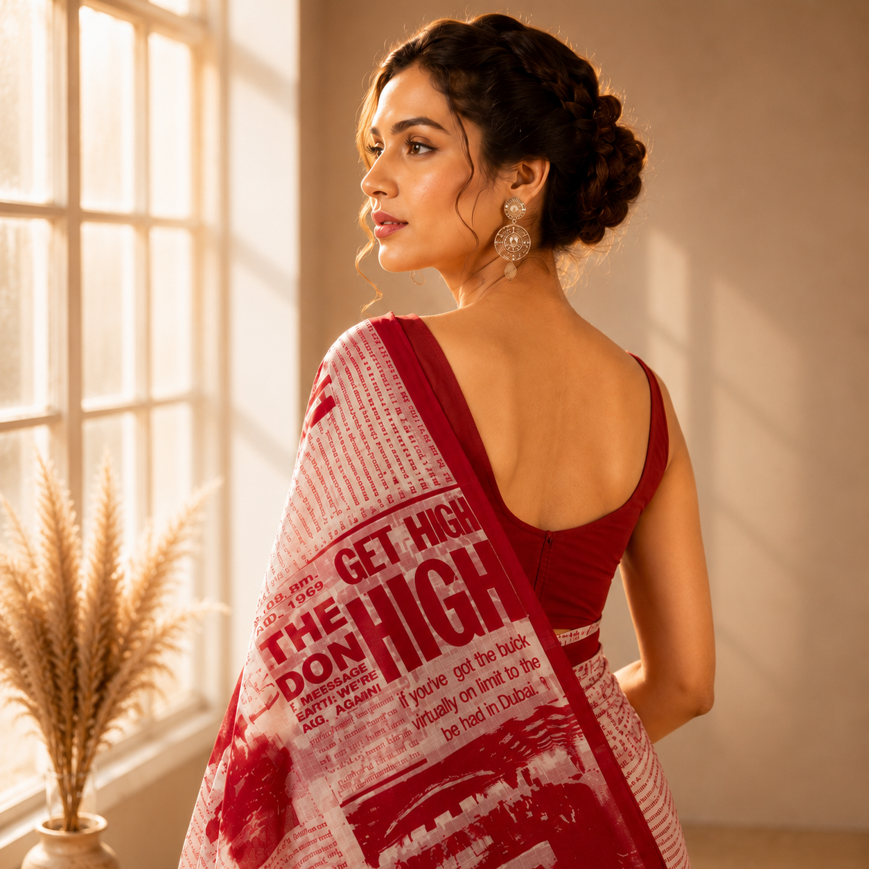 Bindi Women's Red Script Printed Chiffon Saree | Lightweight Traditional Ethnic Saree with Free Size Blouse Piece