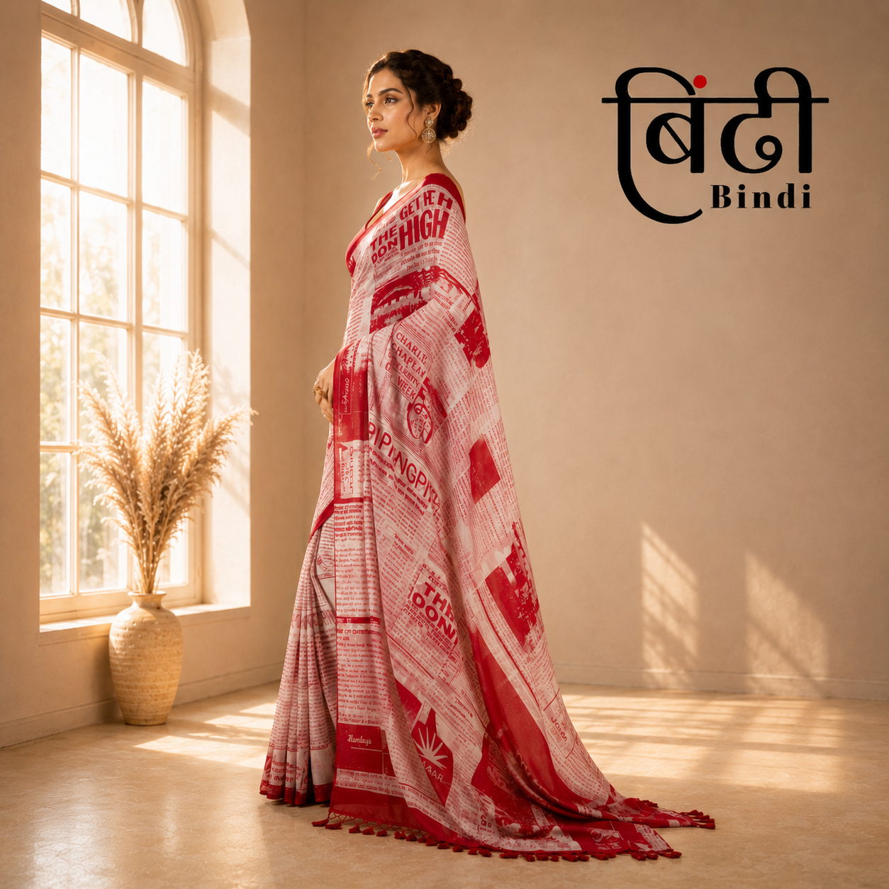 Bindi Women's Red Script Printed Chiffon Saree | Lightweight Traditional Ethnic Saree with Free Size Blouse Piece
