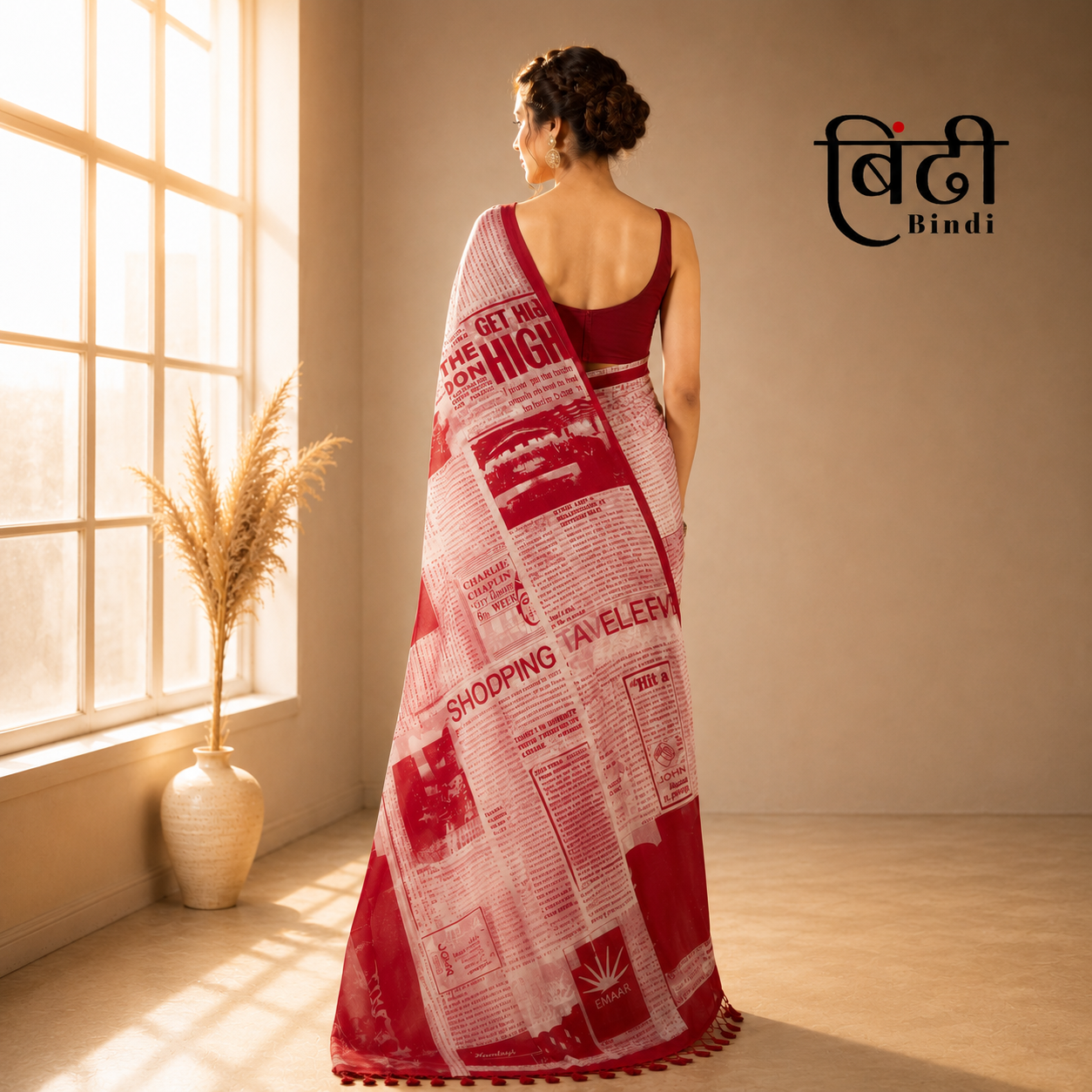 Bindi Women's Red Script Printed Chiffon Saree | Lightweight Traditional Ethnic Saree with Free Size Blouse Piece