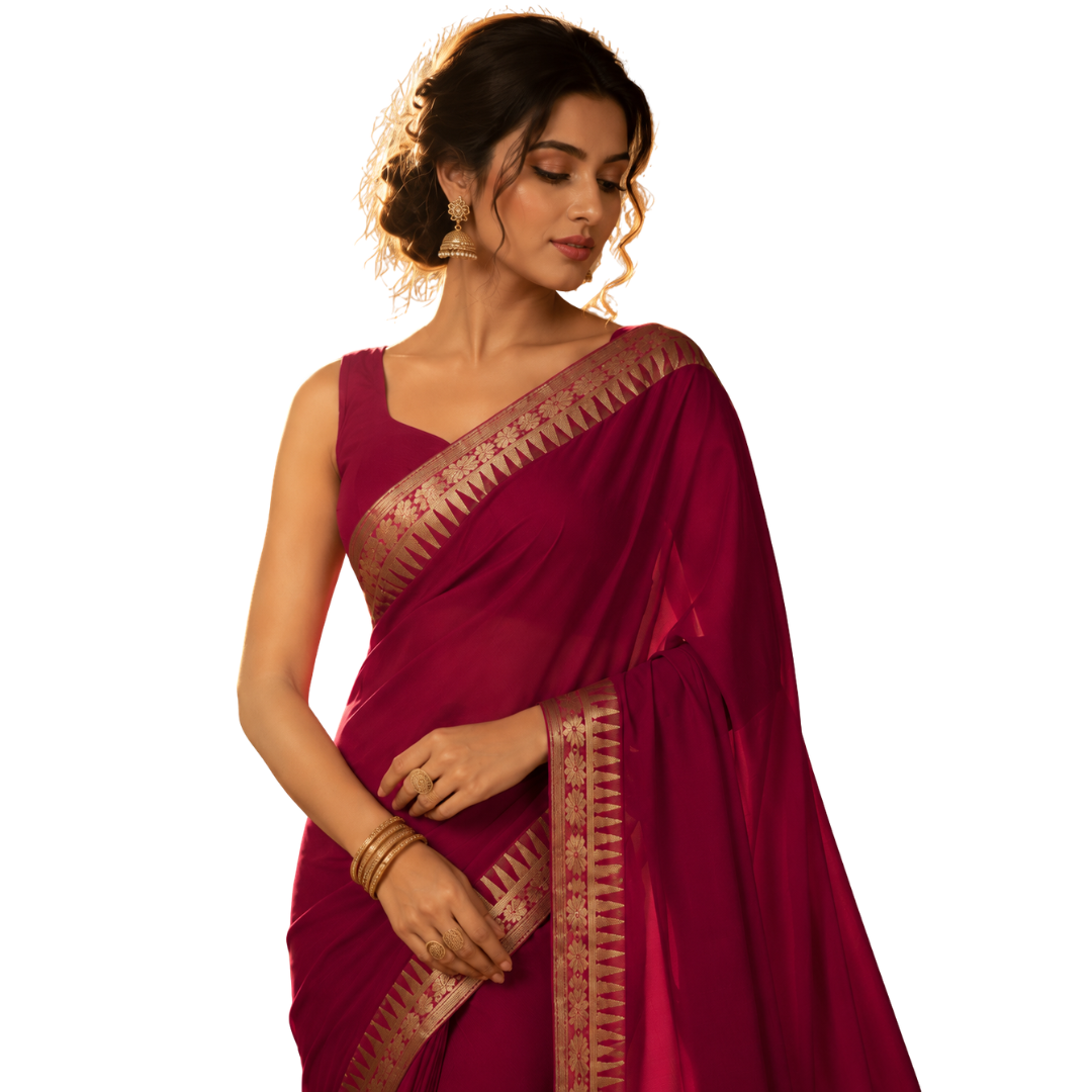 Bindi Women's Rani Pink Ghicha Silk Saree with Gold Zari Woven Border | Premium Ethnic Wear