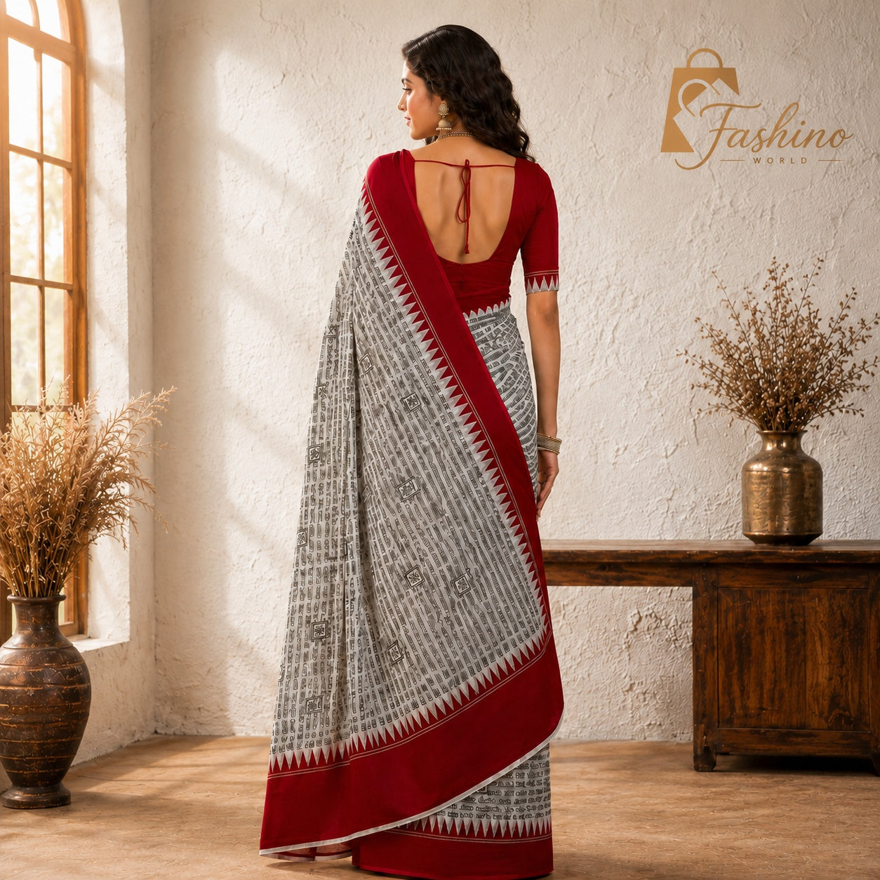 Bindi Women's Dark Red Script Printed Chiffon Saree with Elegant Red Border | Lightweight Ethnic Wear