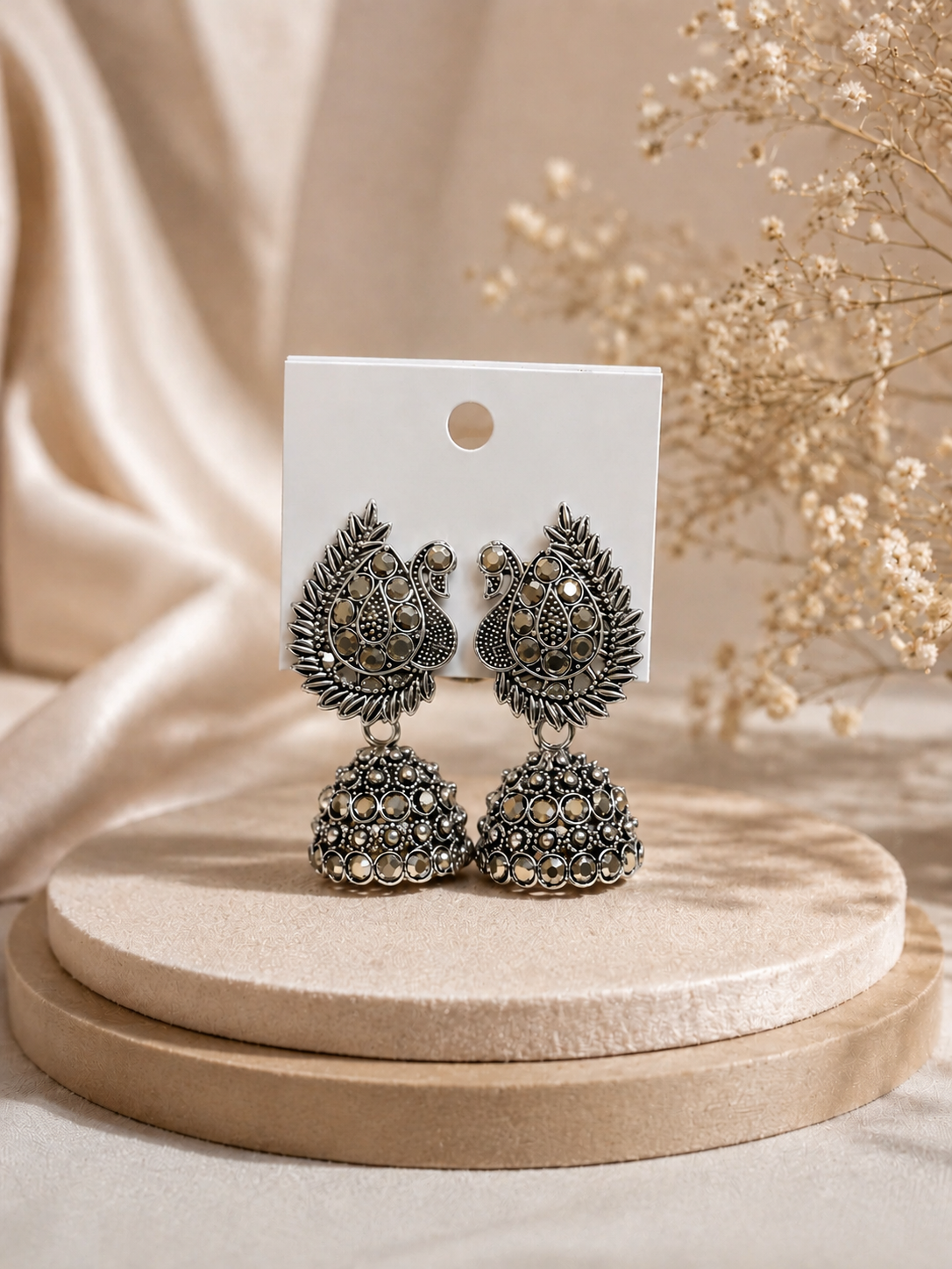 Bindi Silver Oxidised Peacock Stud Earrings for Women | Traditional Ethnic Jewellery