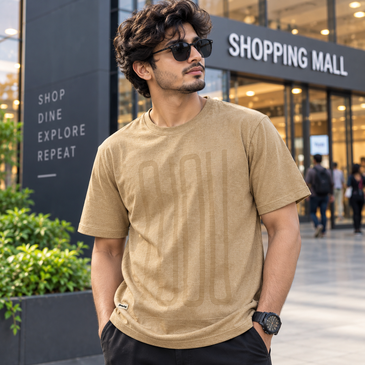 Fashino World Men's Beige Oversized Graphic Printed T-Shirt – Minimal Text Design