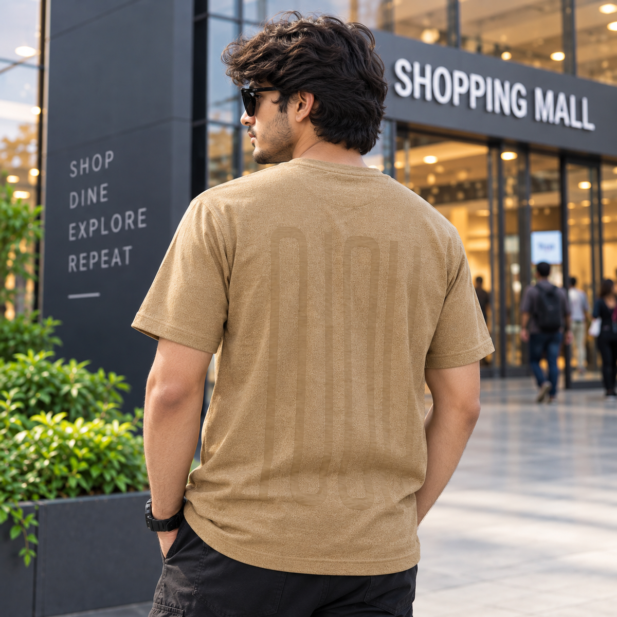 Fashino World Men's Beige Oversized Graphic Printed T-Shirt – Minimal Text Design