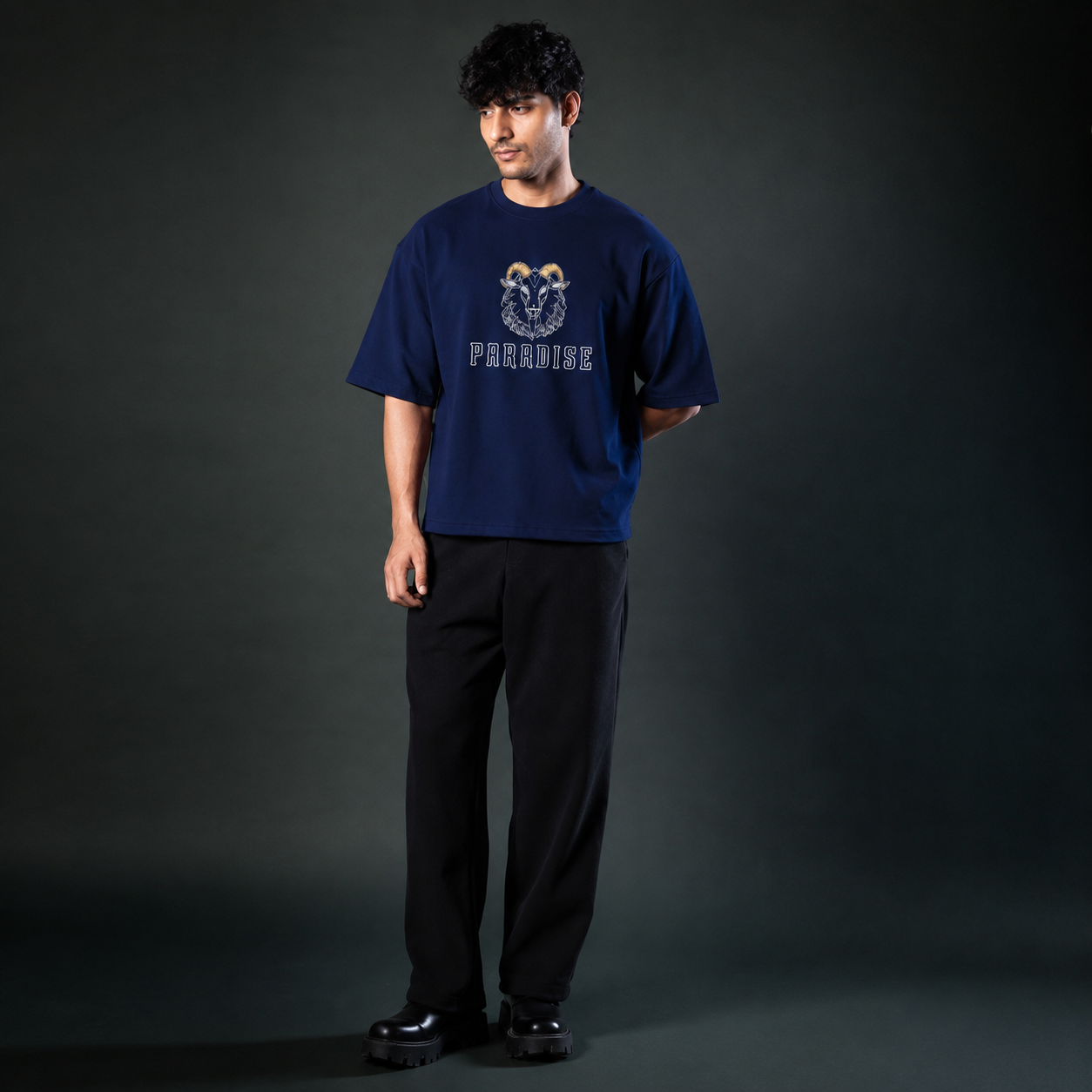 FASHINO WORLD Men's Navy Blue Oversized Graphic Printed T-Shirt | Premium Cotton Blend | Half Sleeve | Round Neck