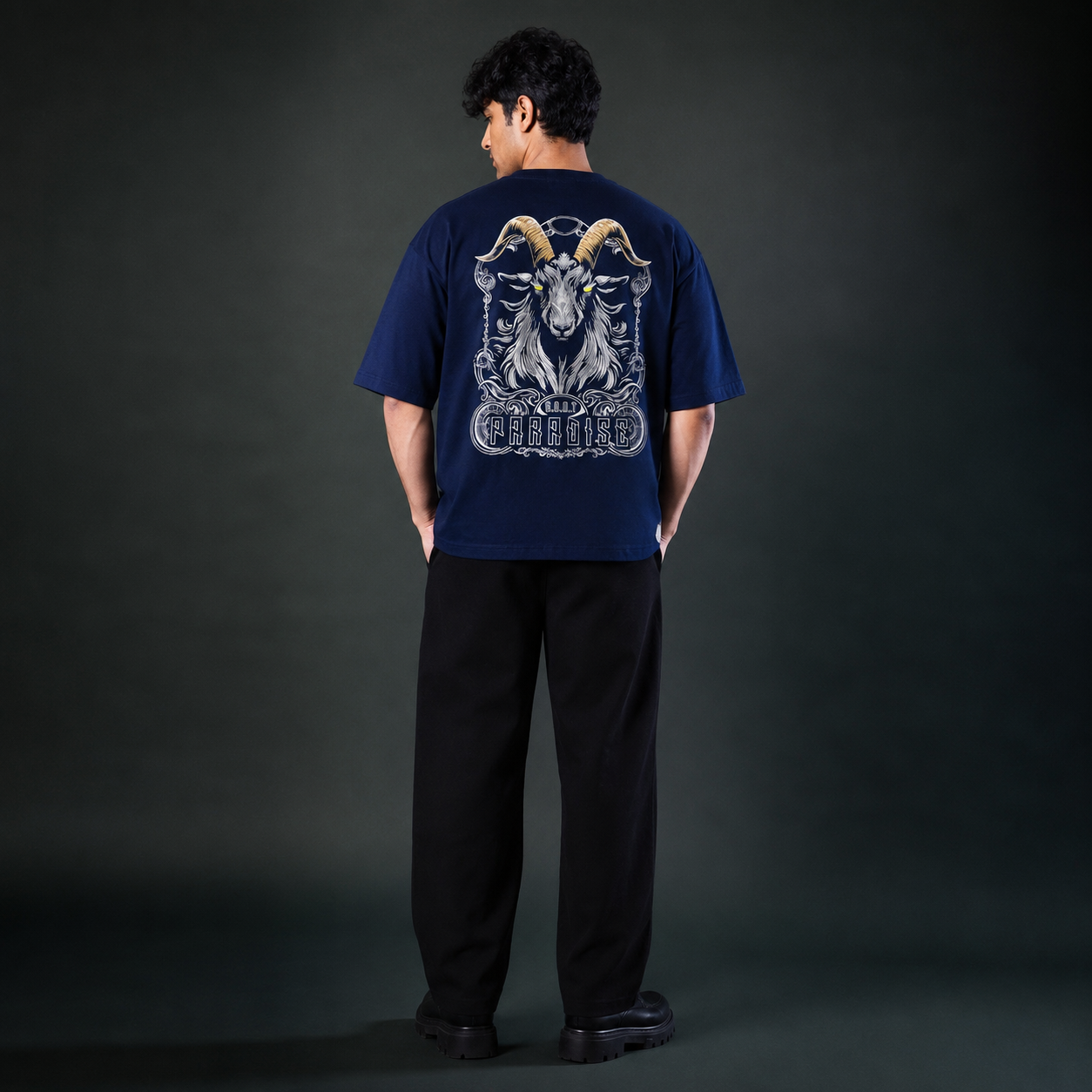 FASHINO WORLD Men's Navy Blue Oversized Graphic Printed T-Shirt | Premium Cotton Blend | Half Sleeve | Round Neck