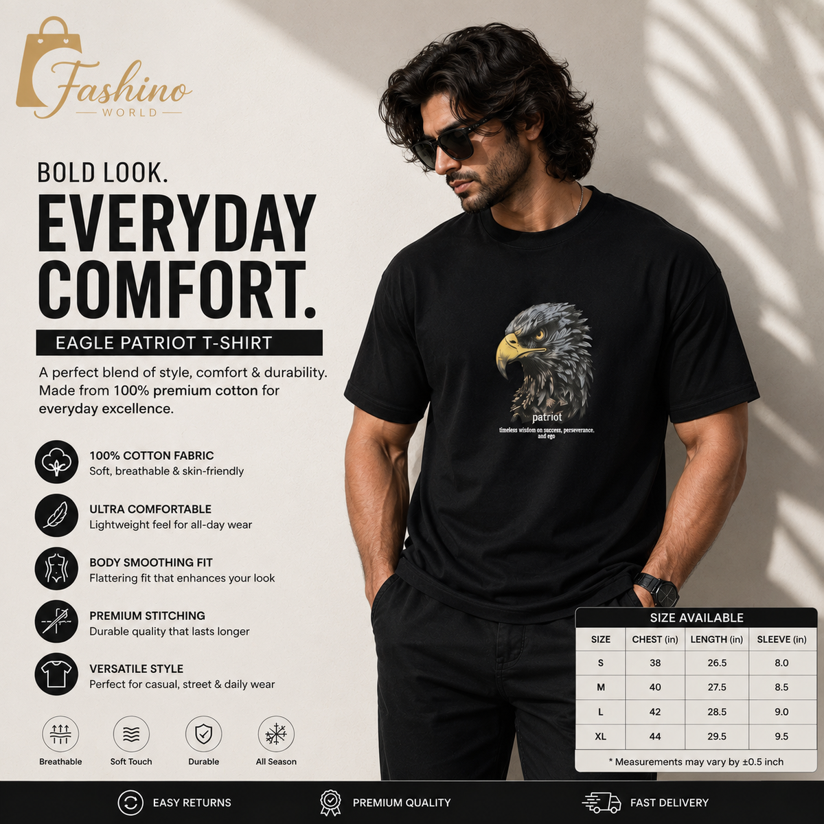 FASHINO WORLD Men's Black Oversized Graphic Printed T-Shirt | Premium Cotton Blend | Half Sleeve | Round Neck