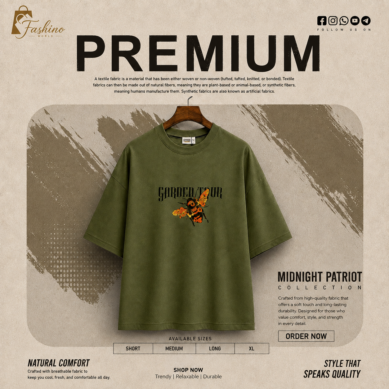 FASHINO WORLD Men's Olive Green Oversized Graphic Printed T-Shirt | Premium Cotton Blend | Half Sleeve | Round Neck