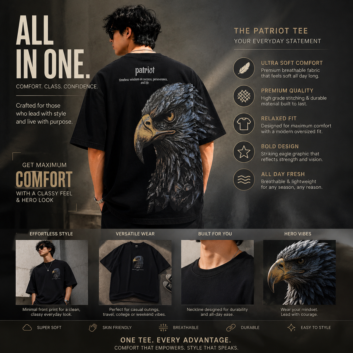 FASHINO WORLD Men's Black Oversized Graphic Printed T-Shirt | Premium Cotton Blend | Half Sleeve | Round Neck