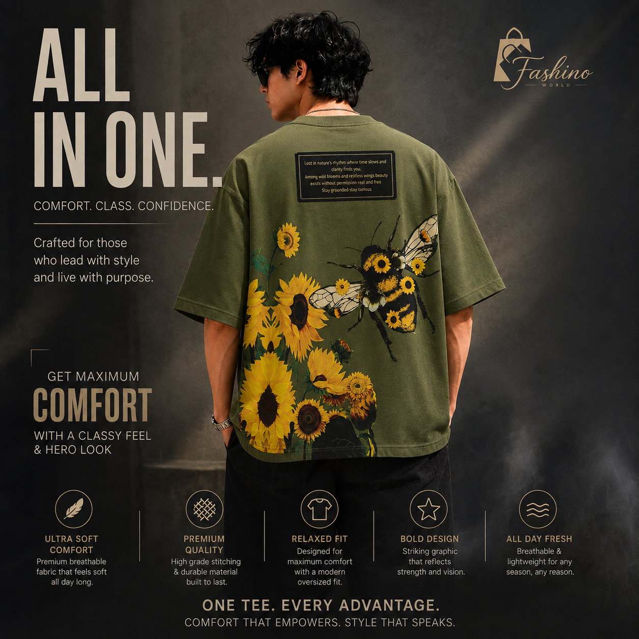 FASHINO WORLD Men's Olive Green Oversized Graphic Printed T-Shirt | Premium Cotton Blend | Half Sleeve | Round Neck