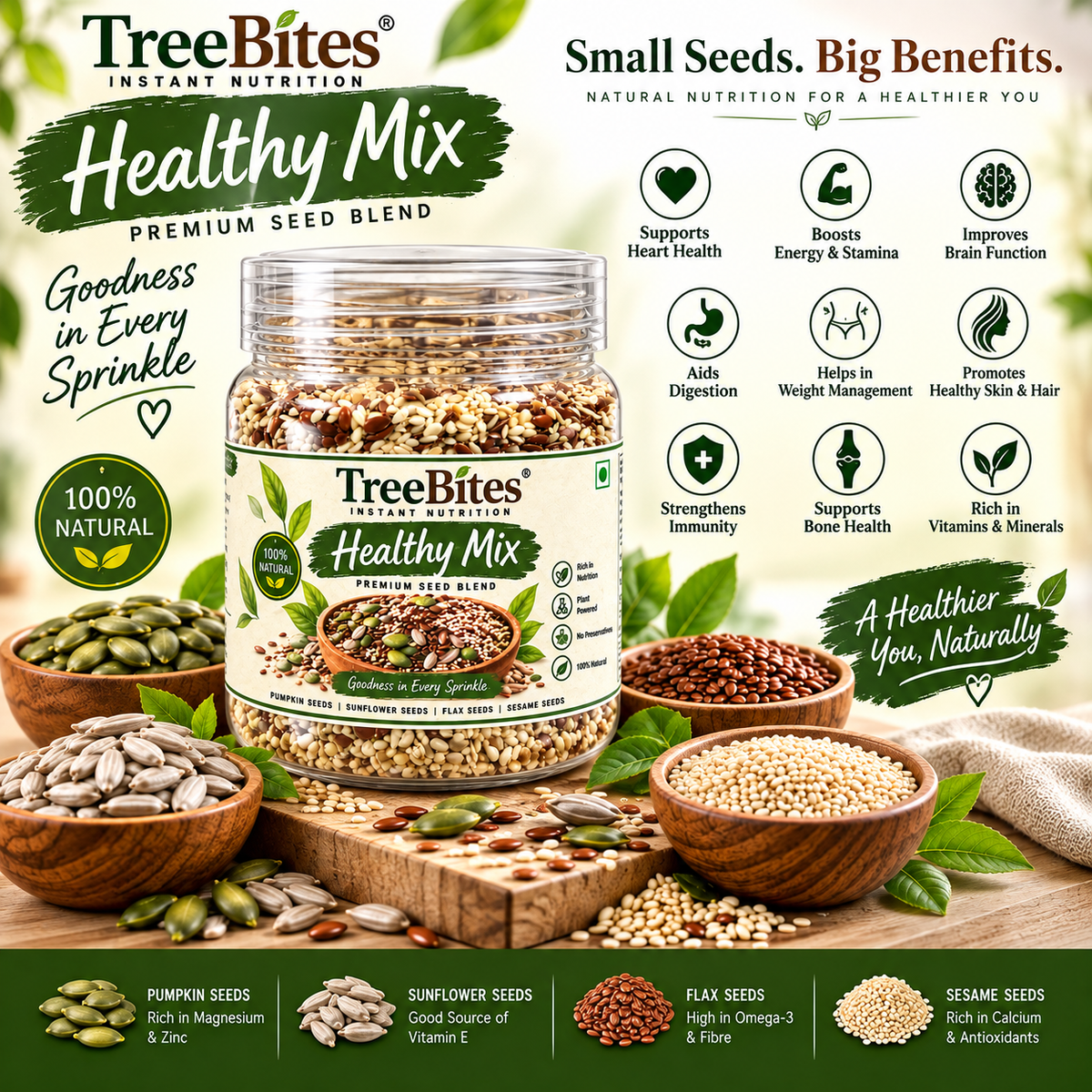 TreeBites Healthy Mix Premium Seed Blend – Pumpkin, Sunflower, Flax & Sesame Seeds – 200 g