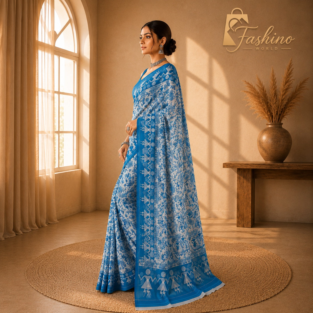 Bindi Women's Sky Blue Printed Chiffon Saree | Lightweight Traditional Ethnic Saree