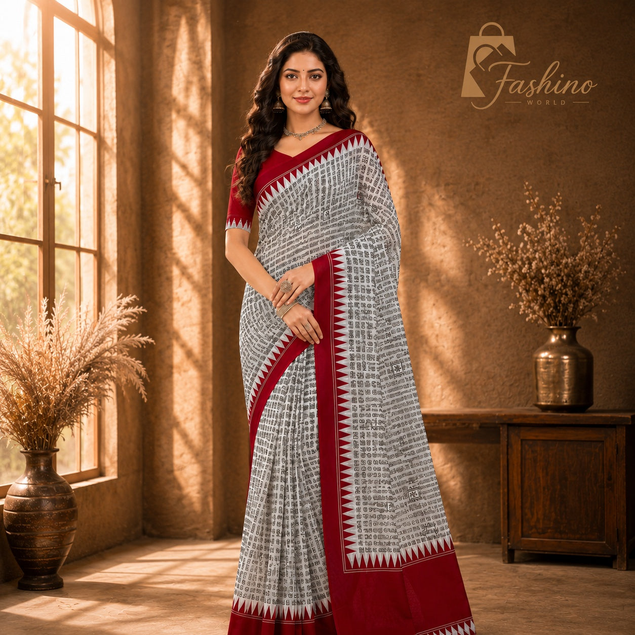 Bindi Women's Dark Red Script Printed Chiffon Saree with Elegant Red Border | Lightweight Ethnic Wear