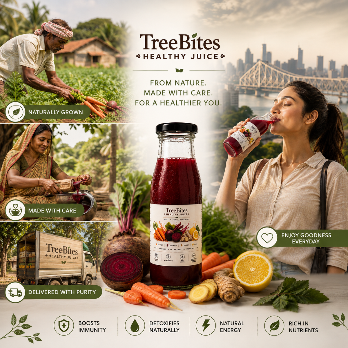 TreeBites Carrot Beetroot Ginger Lemon Cold-Pressed Healthy Juice – 100 ml