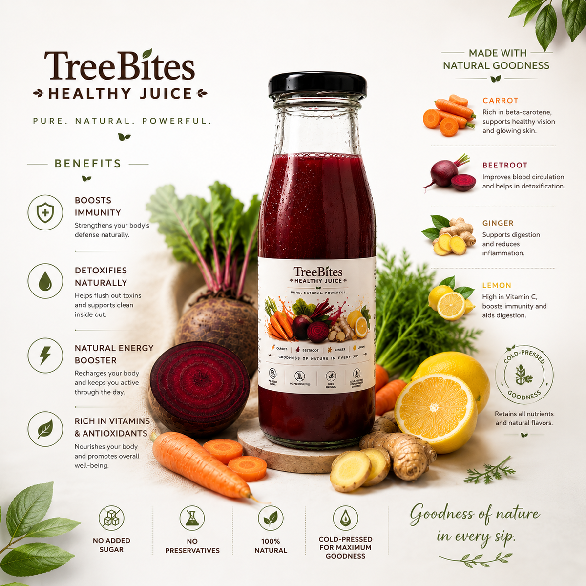 TreeBites Carrot Beetroot Ginger Lemon Cold-Pressed Healthy Juice – 100 ml