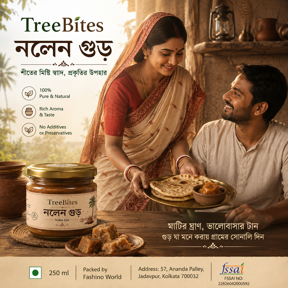 TreeBites Nolen Gur (Date Palm Jaggery) – Traditional Bengali Khejur Gur – Pack of 2 x 250 g
