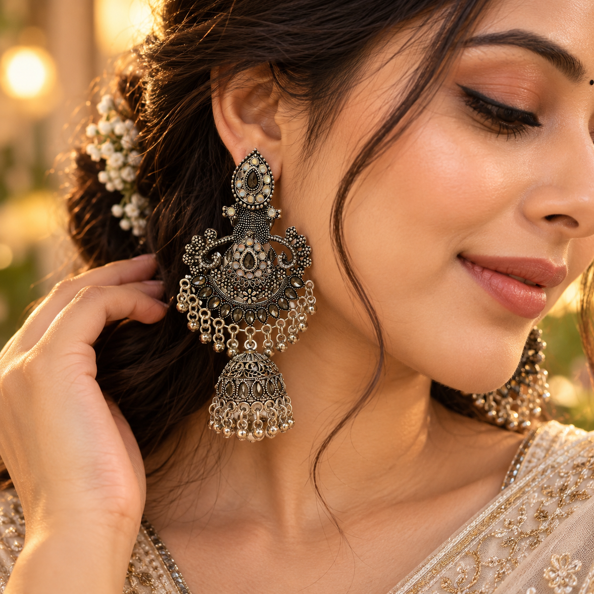 Fashion World Oxidised Chandbali Jhumka Earrings for Women | Antique Silver Long Dangler Earrings with Pearl & Stone Detailing | Traditional Ethnic Statement Jewellery