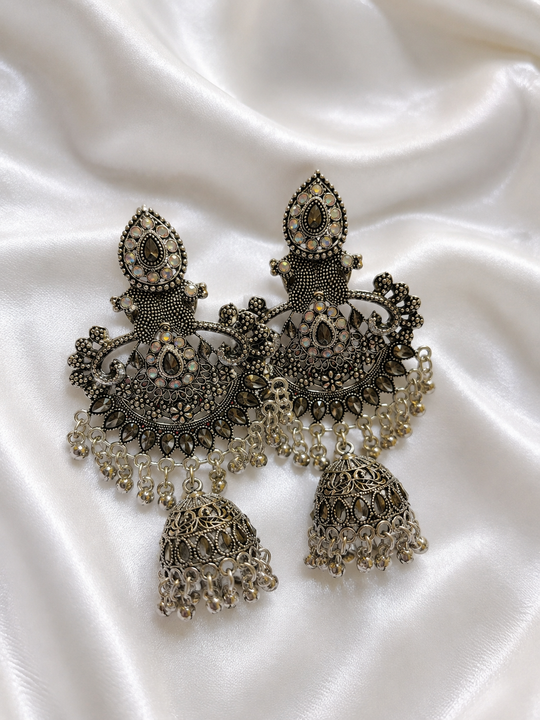 Fashion World Oxidised Chandbali Jhumka Earrings for Women | Antique Silver Long Dangler Earrings with Pearl & Stone Detailing | Traditional Ethnic Statement Jewellery