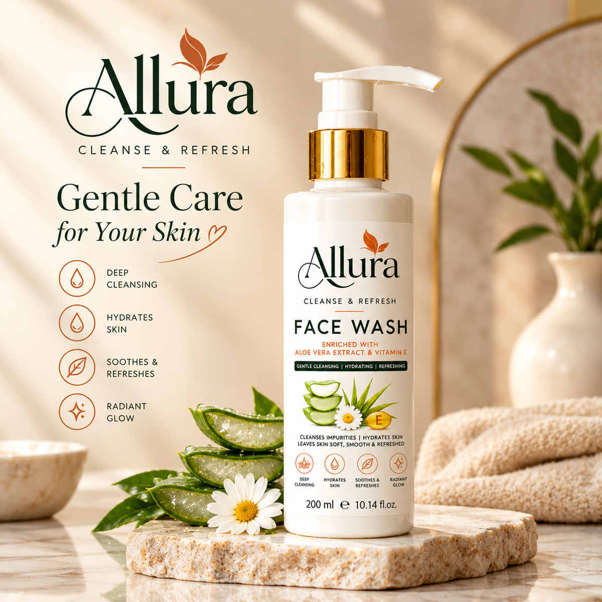 Allura Aloe Vera & Vitamin E Face Wash – Gentle Cleansing & Hydrating Facial Cleanser | 100 ml