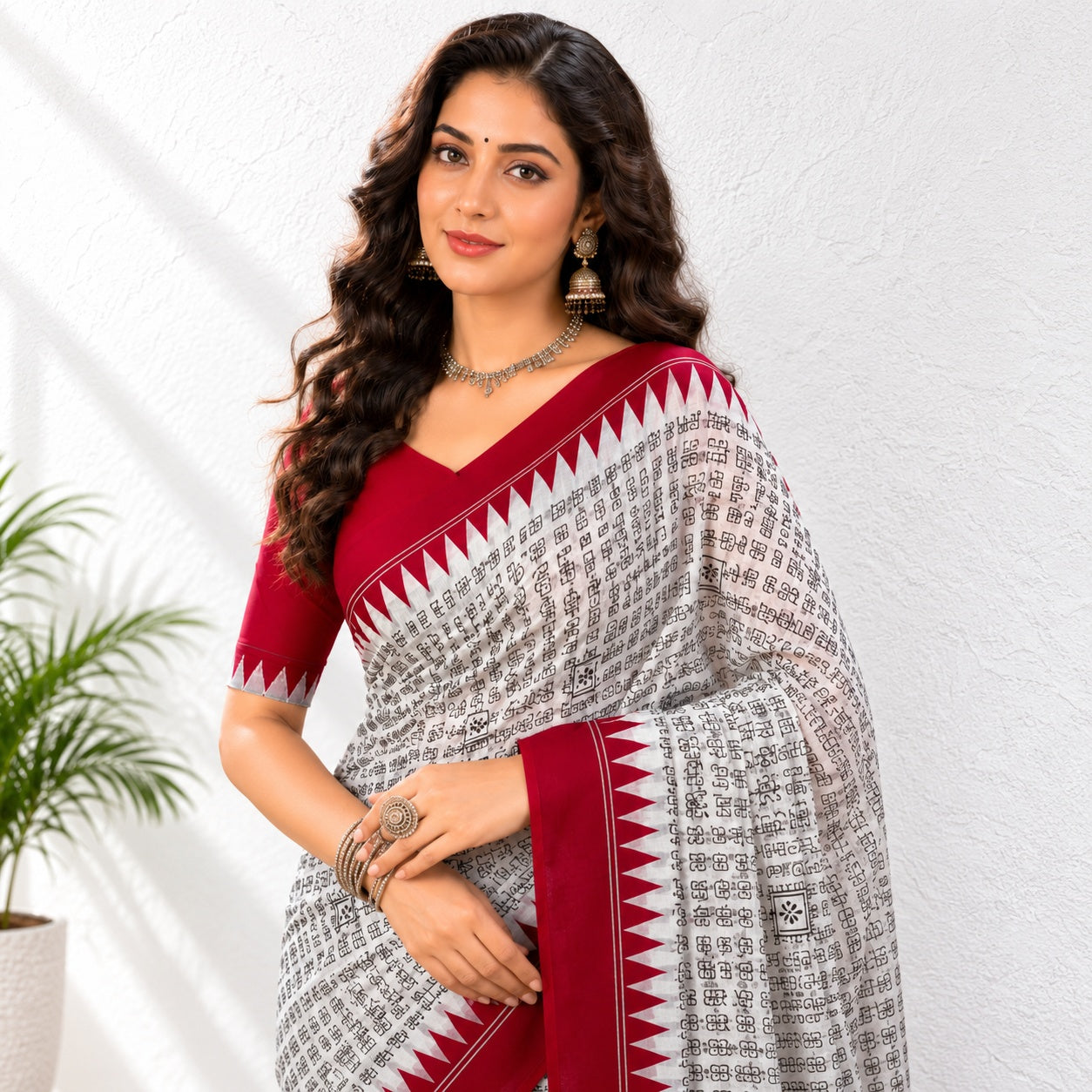 Bindi Women's Dark Red Script Printed Chiffon Saree with Elegant Red Border | Lightweight Ethnic Wear